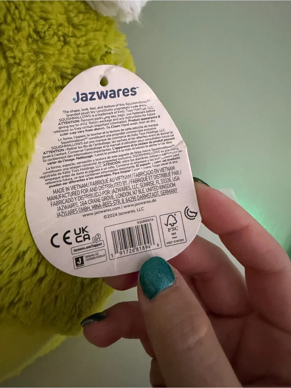 Squishmallows Fuzz-A-Mallows Grinch Green Plush with Santa Hat 2024